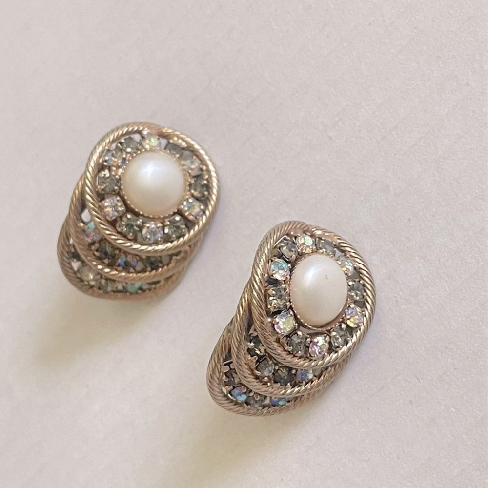 Vintage Hobé Faux Pearl & AB Rhinestone Tiered Clip On Earrings Gold Tone
